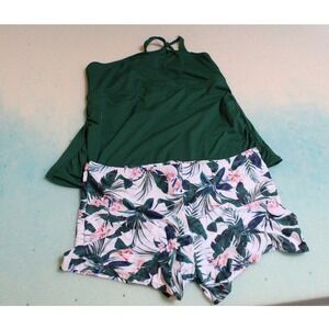 Daci Womens 20W Tankini Swimsuit Set Green Tropical Floral Boy Shorts NWT